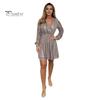 Prom Party Dress Shimmering Sequin Long Lantern Sleeves with Lace-up Strap Elastic Waist V Neck A-line Dating Mini Dress Spring Fall Evening Dress