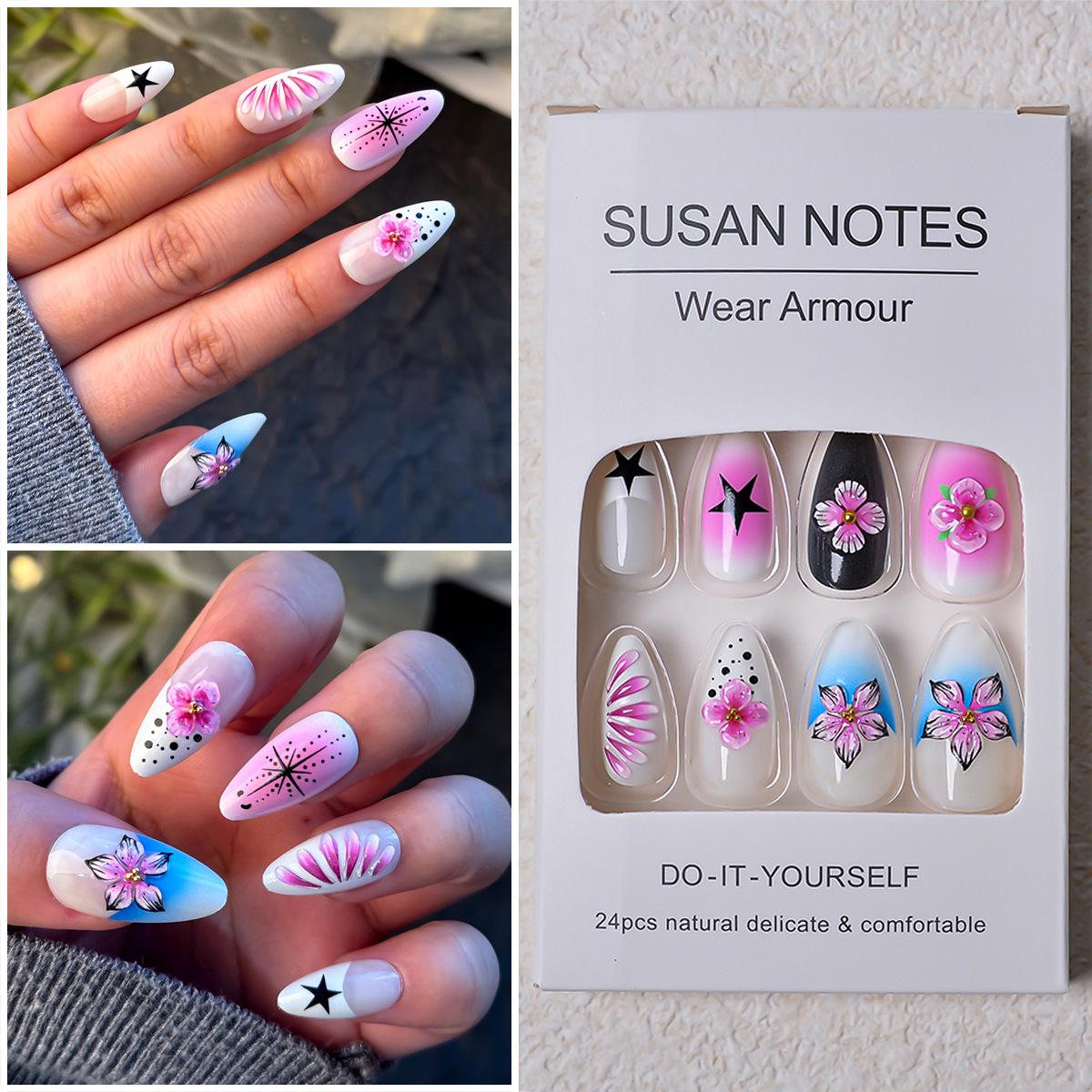 3D Резные Французские Миндальные Накладные Ногти в Стиле Dark Girl - Набор из 24 Штук