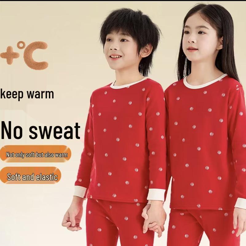 Children's Autumn/Winter Horse Year Red Long Johns Set - Pure Cotton Warm Pajamas