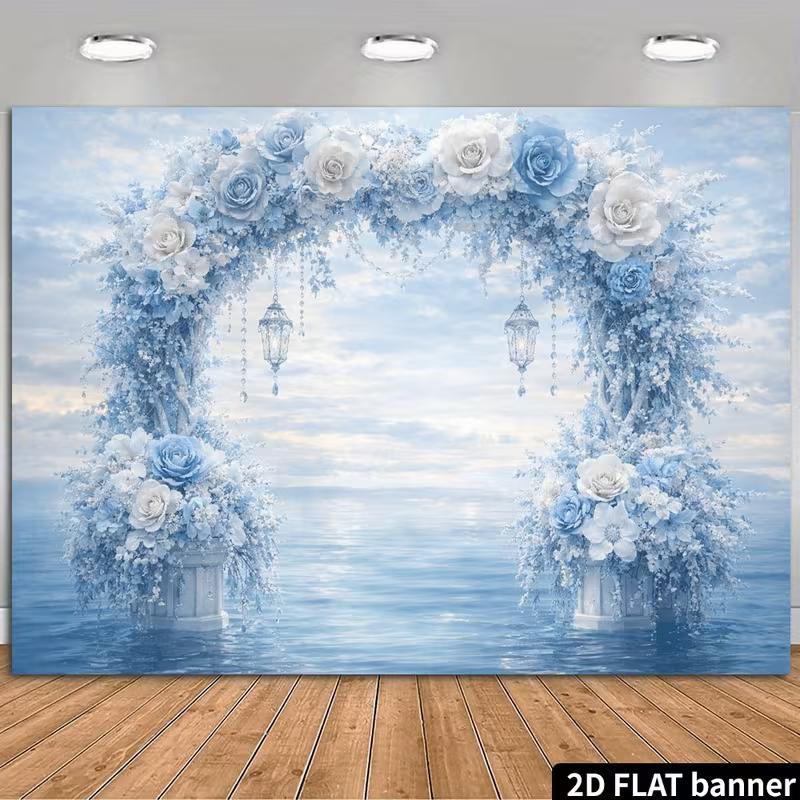 

2D Light Blue Rose Arch Backdrop, 2D Flat Sea View Background for Wedding Photoshoot & Engagement 47.2x31.5inch/120*80cm