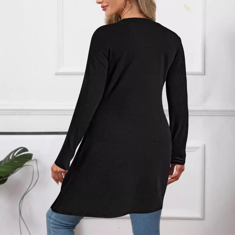 Women's New Solid-coloured Round Neck Long-sleeved Split Casual Temperament Commuting Mid-length Dresses