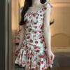 French vacation style red vacation white retro floral dress waist thin summer beautiful small fly sleeve skirt