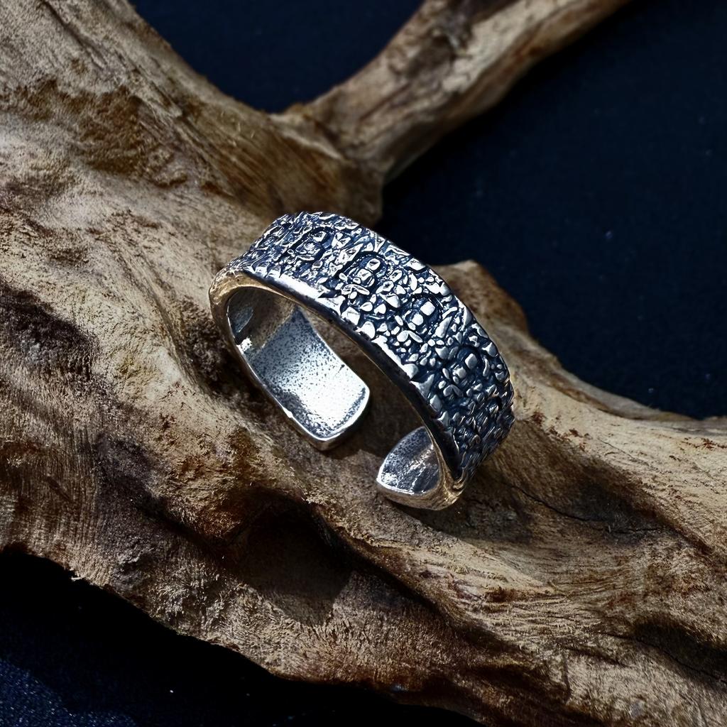 Retro Buddhist Cave Adjustable Open Ring For Men Silver-plated Copper Gothic Punk Edgy Peaceful Accessories Blessed Gift
