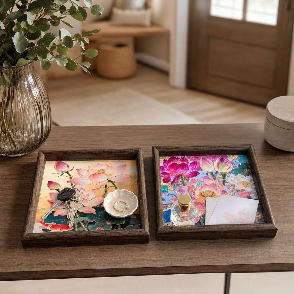 Wooden Lotus Tray Raised Frame Floral Serving Tray for Tabletop Storage Entryway Shelf Home Decor