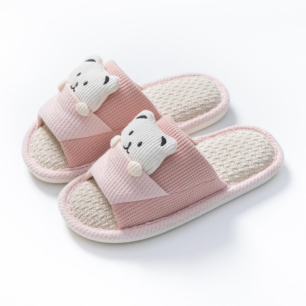 Women's Cartoon Bear Open-Toe Linen Slippers - Cozy Indoor Footwear for All Seasons
