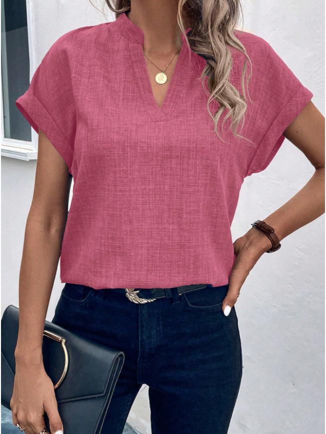 Women's Solid Color V-neck Batwing Sleeve Summer Top - Fashionable Short-sleeved Shirt
