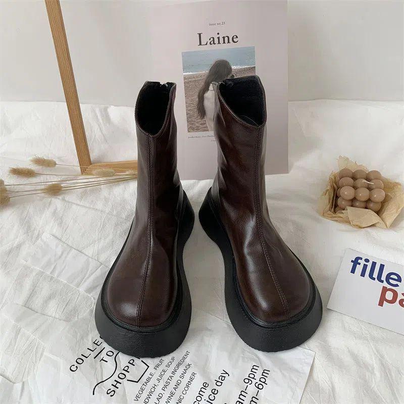 Big Head Soft Leather Martin Boots Women's 2025 New Spring Student Korean Version Versatile Retro British Style Platform Short Boots