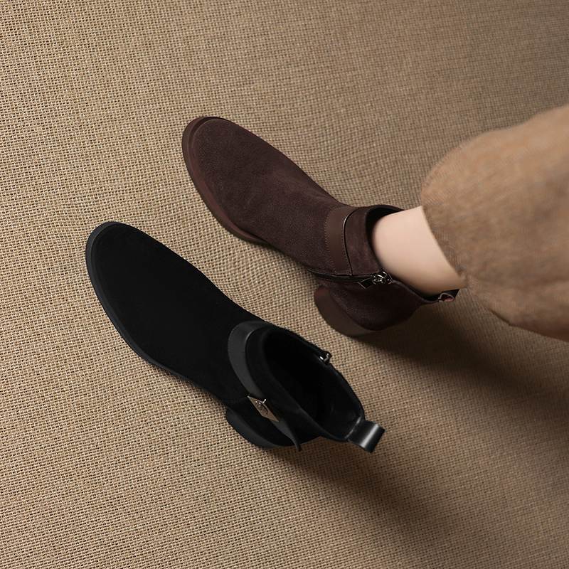 Krazing Pot Cow Suede Nubuck Round Toe Chunky Heels Chelsea Boots Size 43 Zipper Metal Flowers Women Platform Ankle Boots