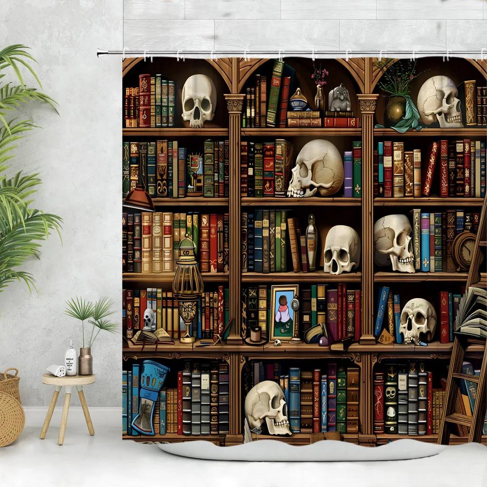Vintage Library Shower Curtain Skull Candles Old Books Bookshelf Cat Plant Cartoon Home Polyester Fabric Bathroom Decor Curtains