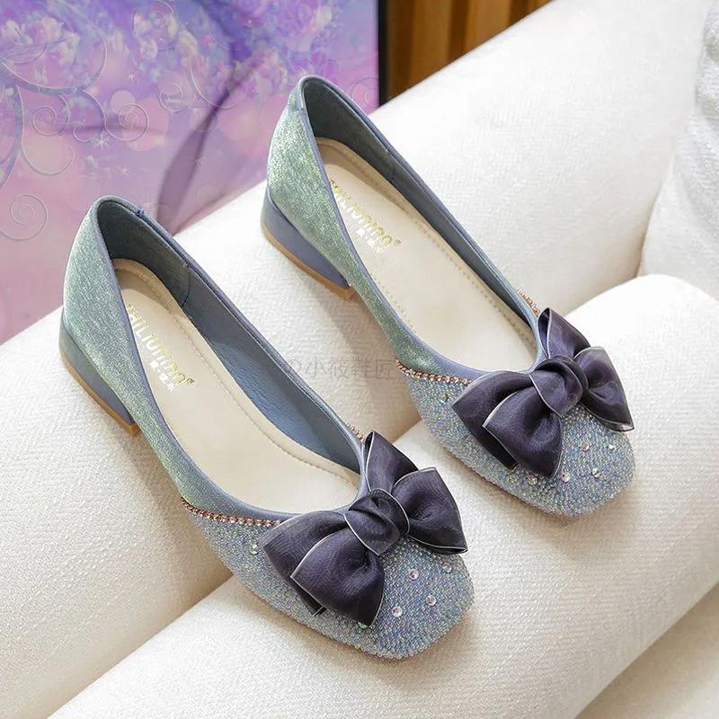 Square Toe with Bow Crystals Rhinestone Low Heel Elegant Women's Shoes Beige Ladies Footwear Diamond E Shoe Comfortable Offer