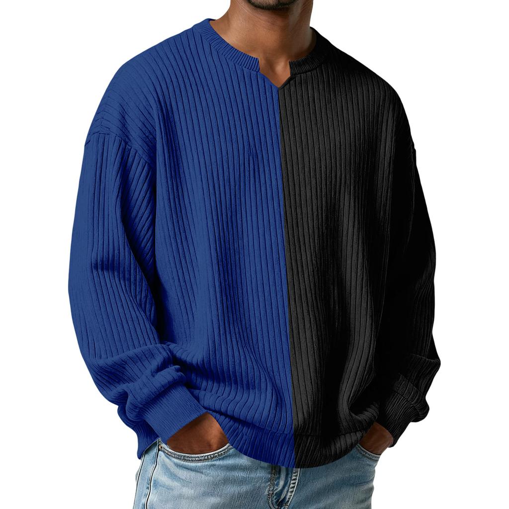 Men's Color-Blocked Stylish V-Neck Ribbed Textured Long-Sleeve T-Shirt