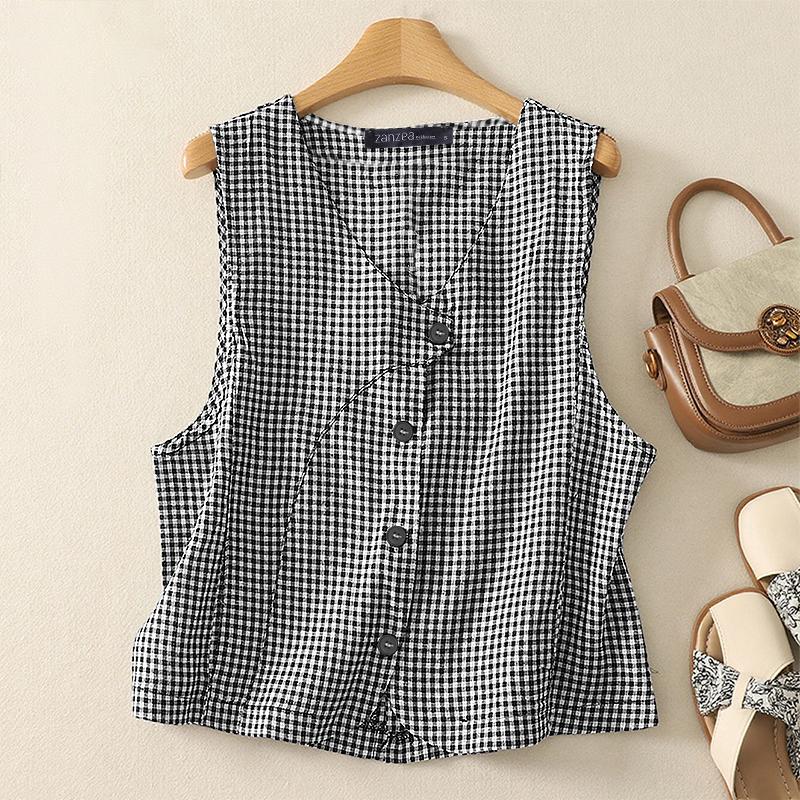 

ZANZEA Женские повседневные майки без рукавов с V-образным вырезом и принтом в клетку 5XL