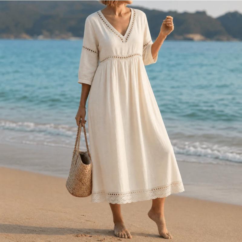 QICED Fashion Summer Spring Solid Color Print  3/4 Sleeves V-Neck Casual Dresses