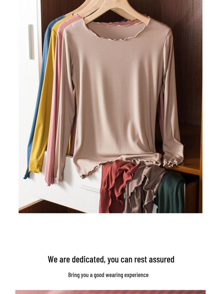 Women's Slim Fit Wood-Ear Trim Modal Long Sleeve T-Shirt, Round Neck, Plus Size, Spring/Autumn Versatile Top