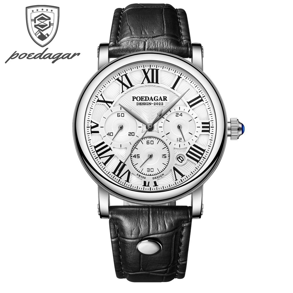 POEDAGAR Men Watch Fashion Chronograph Leather Quartz Watches Waterproof Luminous Sport Sport Wristwatch Six Needle Watch