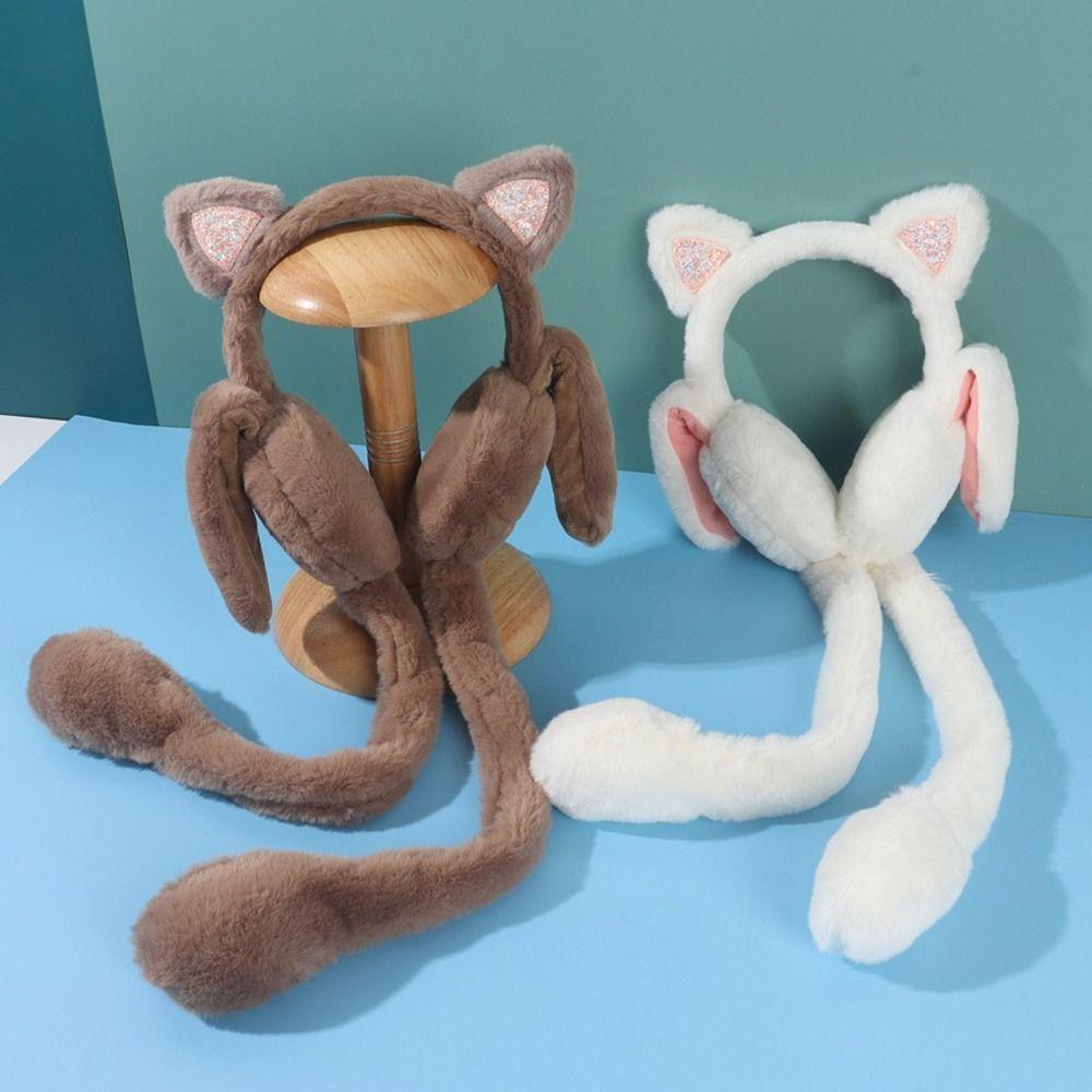 New Funny Plush Cat Earmuffs Moving Earmuffs Children's Ear Protection Cute Solid Color Winter Warm Kids Earwarmer Ear Flap