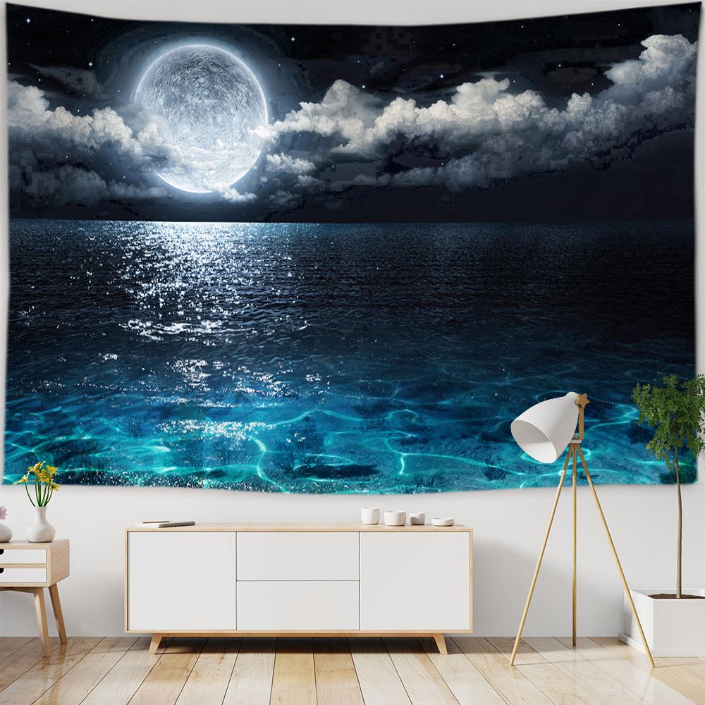Beach Starry Tapestry Home Decor Living Room Natural Moon Sea Landscape Tapestry Fabric Hippie Wall Hanging Tapestry tapiz