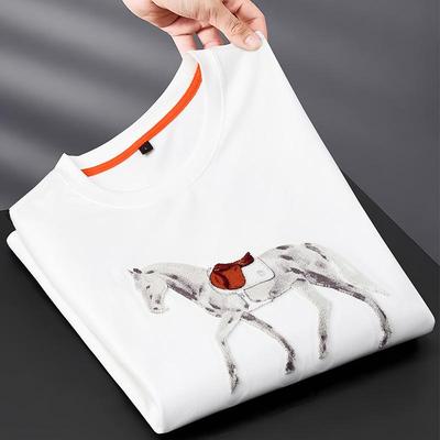 European Light Luxury Embroidered Warhorse Men's Ice Silk T-Shirt – Short-Sleeved, Breathable, Round Neck, Trendy Summer Style