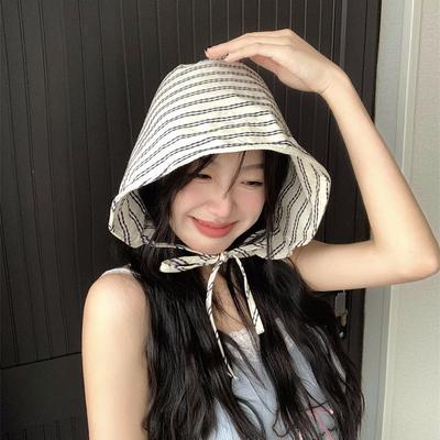 Large Brim Foldable Bucket Hats With String For Women Korean Striped Female Panama Bob Outdoor Beach Fishermen Hat