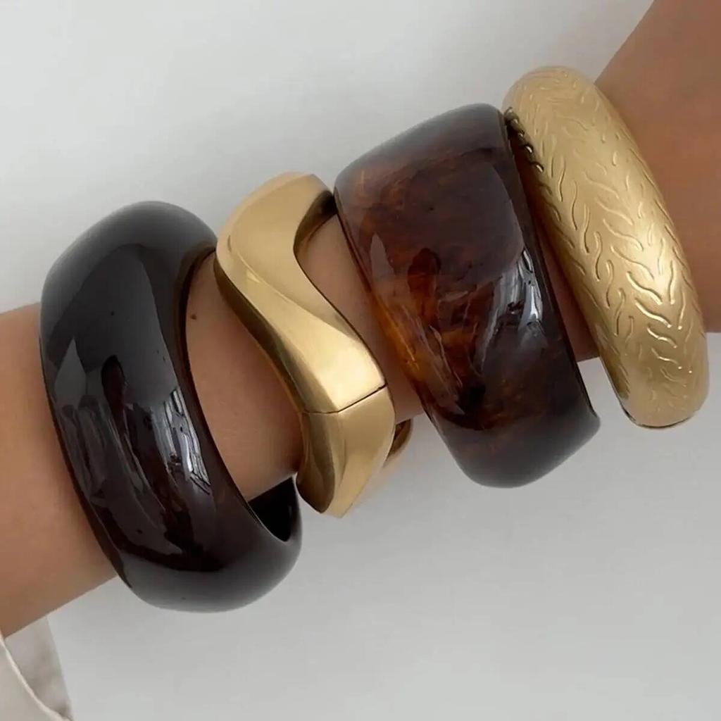 IngeSight.Z 4 Stile Vintage Unregelmäßige Harz Breite Klobige Armreifen für Frauen Punk Geometrisch Welle Metall Stapelbare Armbänder Schmuck