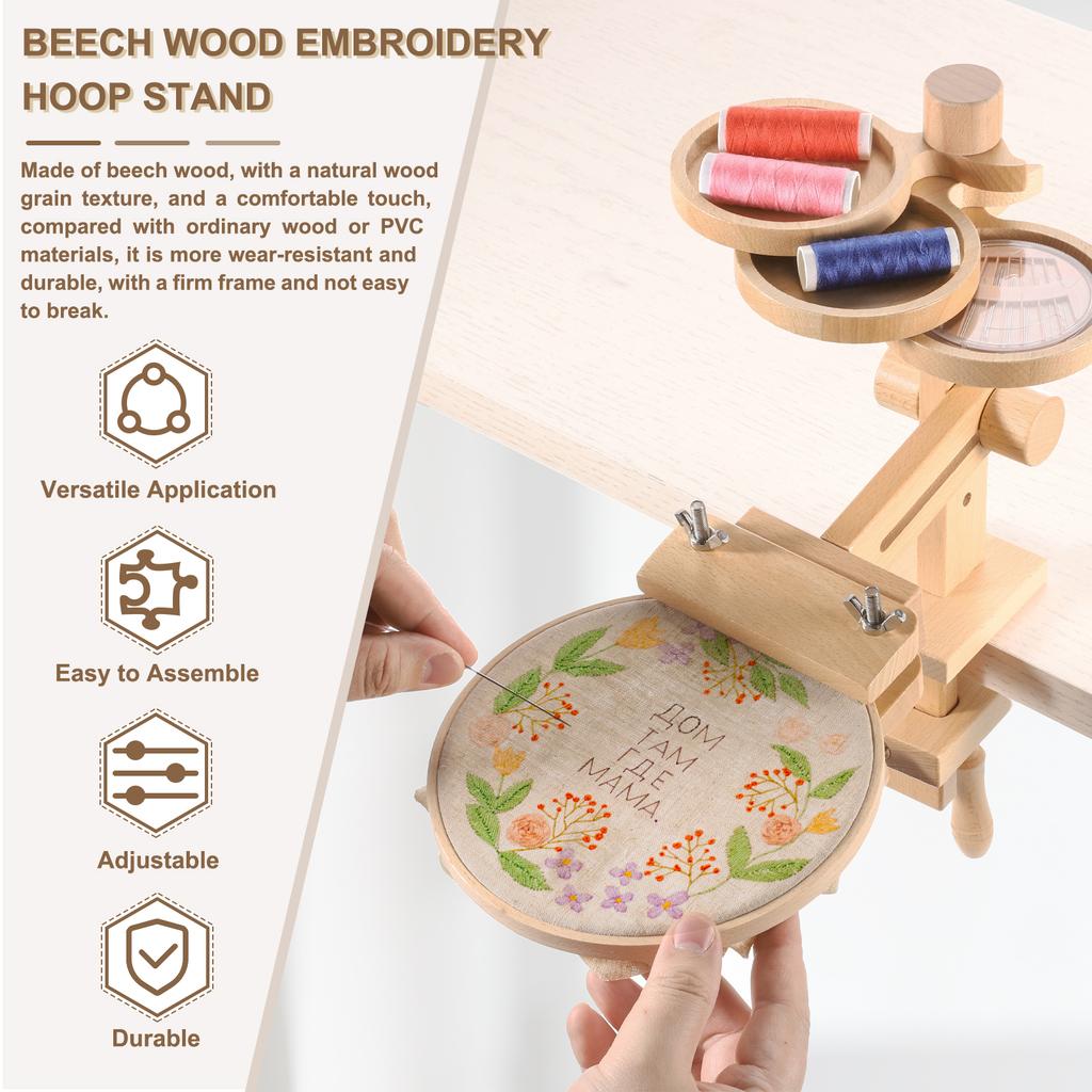 Embroidery Hoop Stand Adjustable Beech Wood Cross Stitch Stand Holder with Built-in Storage Tray with 6/8" Embroidery Hoop