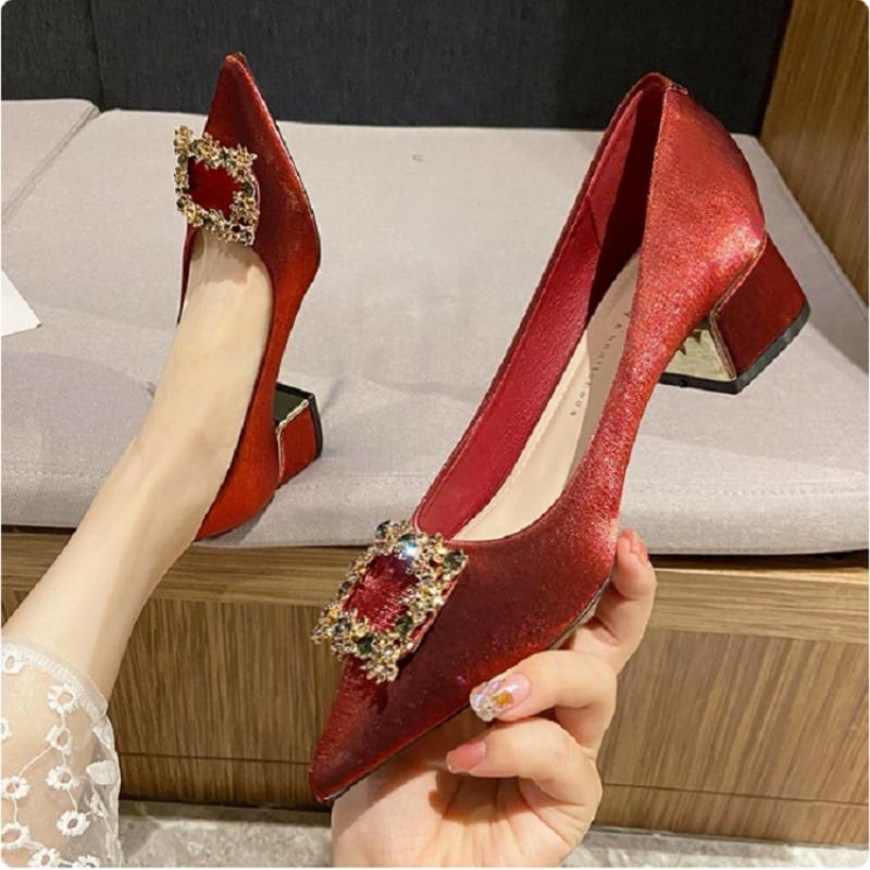 Chinese Block Heel High Heels Women's New Pointed Toe Shallow Mouth Crystal Square Buckle Mid-heel Single Shoes