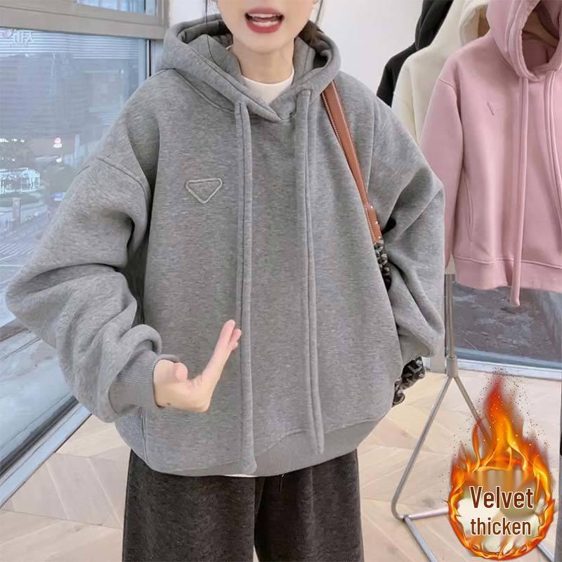 

Women s 2025 Winter Gray Hooded Sweatshirt - Korean-Style, Velvet, Loose Fit S