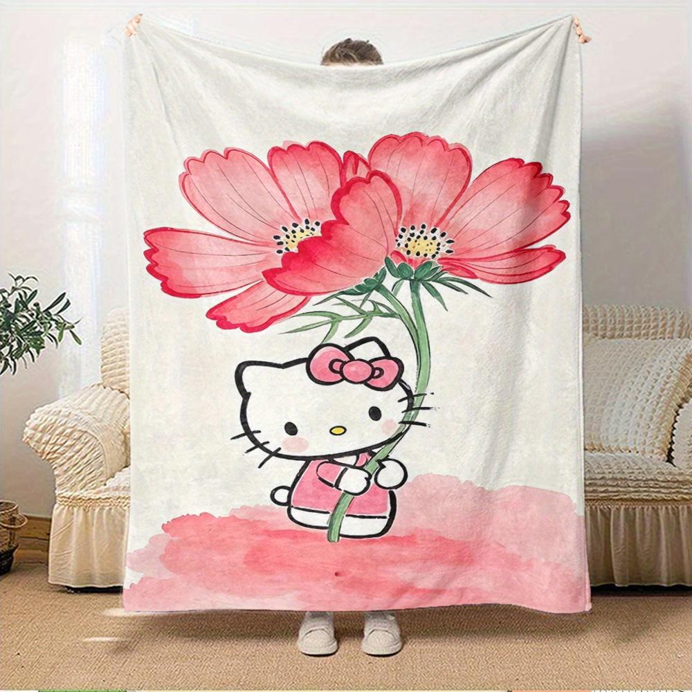 For Hello Kitty, Flower, PinkAnime-Themed Flannel Blanket, Glam Style, Digital Print, All-Season Comfort, Tear-Resistant, Knitted Craftsmans