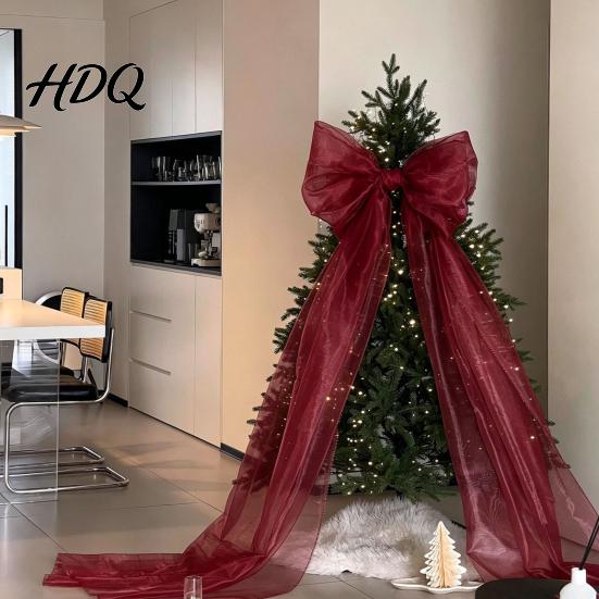 Herbruikbare Polyester Strikken Extra Grote Kerstboom Topper Strik 150 cm Reusachtig Tule met Feestelijke Cadeauverpakking Lange Slinger Organza Gaaslint