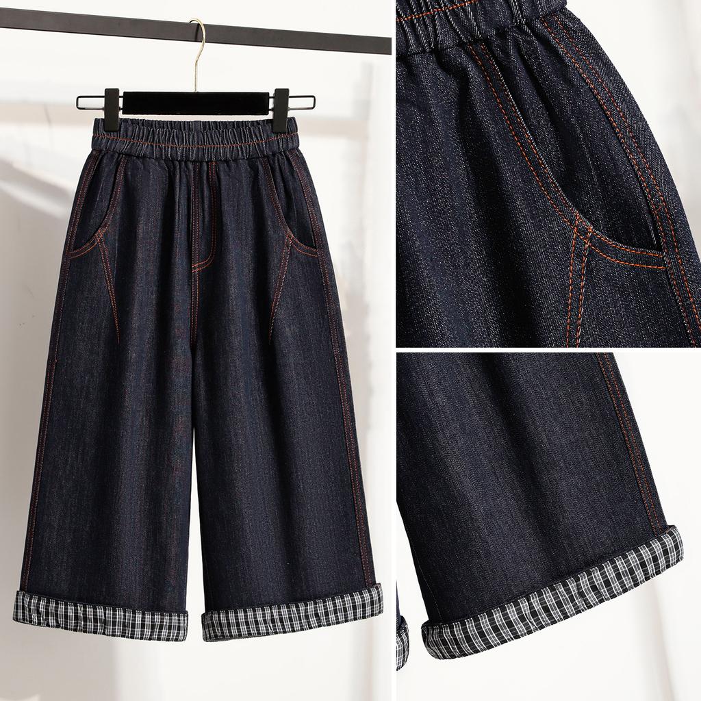 DIMANAF 2026 Spring Summer Plus Size Women Long Pants Denim Jeans Elastic Waist Oversize Loose Cotton Plaid Blue