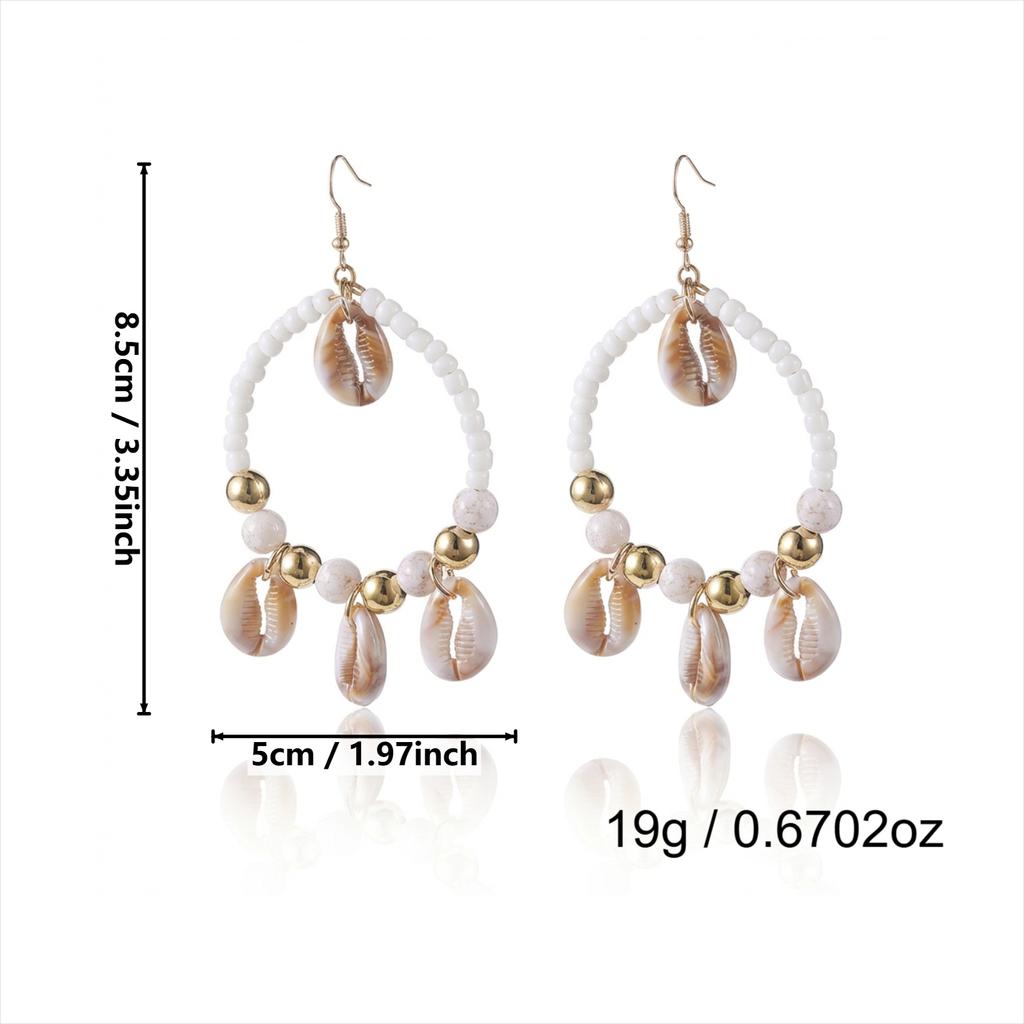 Handmade Beaded Woven Hoop Earrings with Spotted Shell Drop for Women Tribal Dreamcatcher Boho Summer Beach Vacation Jewelry