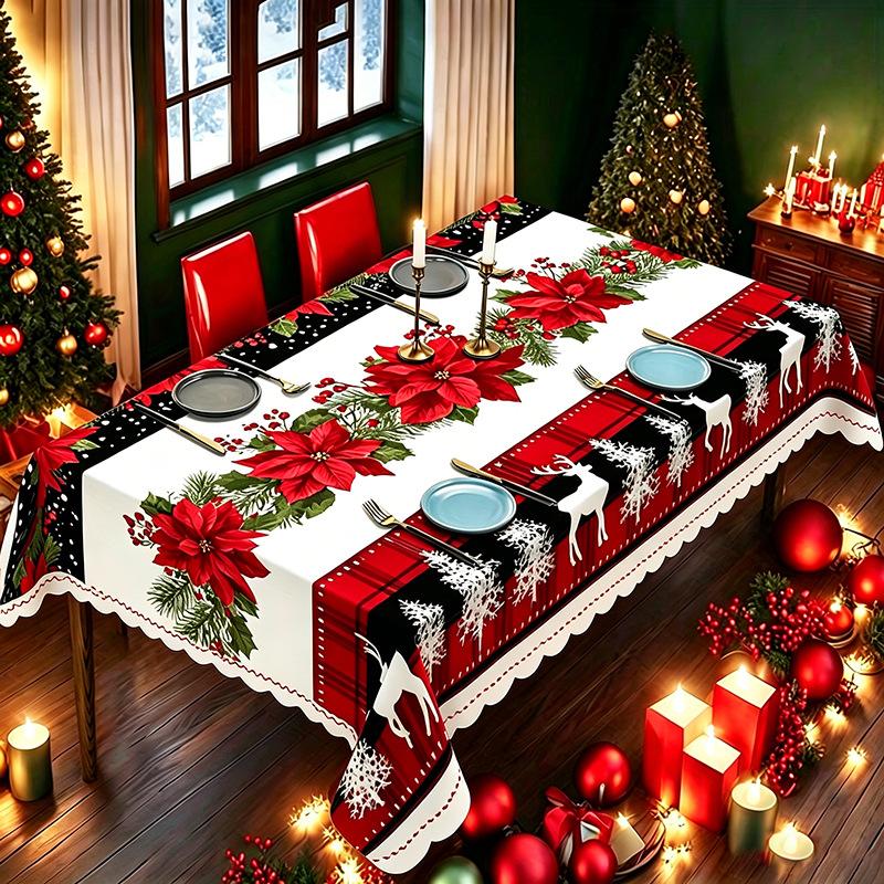 Christmas Printed Tablecloth Holiday Xmas Party Table Cover Decorative Dining Table Cloth for Home Kitchen Rectangular Round