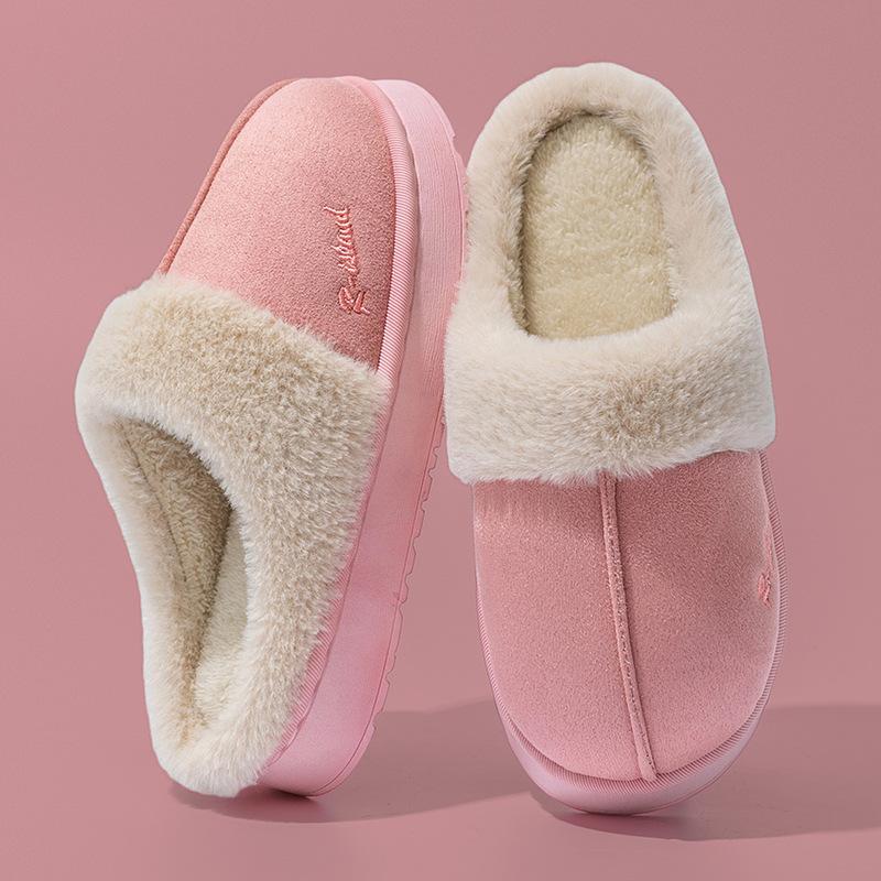 Autumn and winter plush cotton slippers indoor home soft bottom non-slip warm couple plush lace cotton slippers