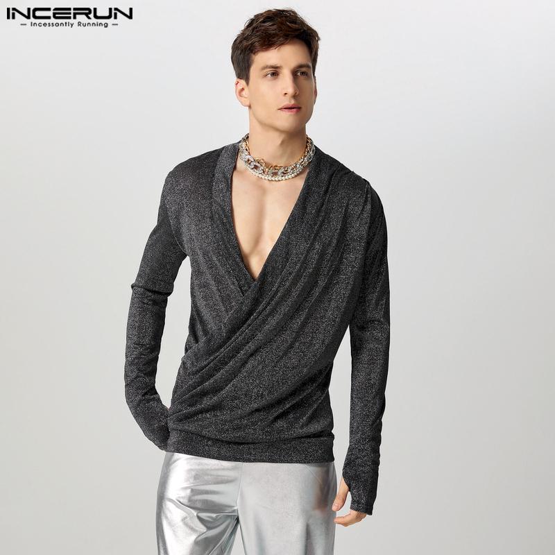 INCERUN Men V Neck Long Sleeve Glitter Front Cross See Through Tops T-shirts