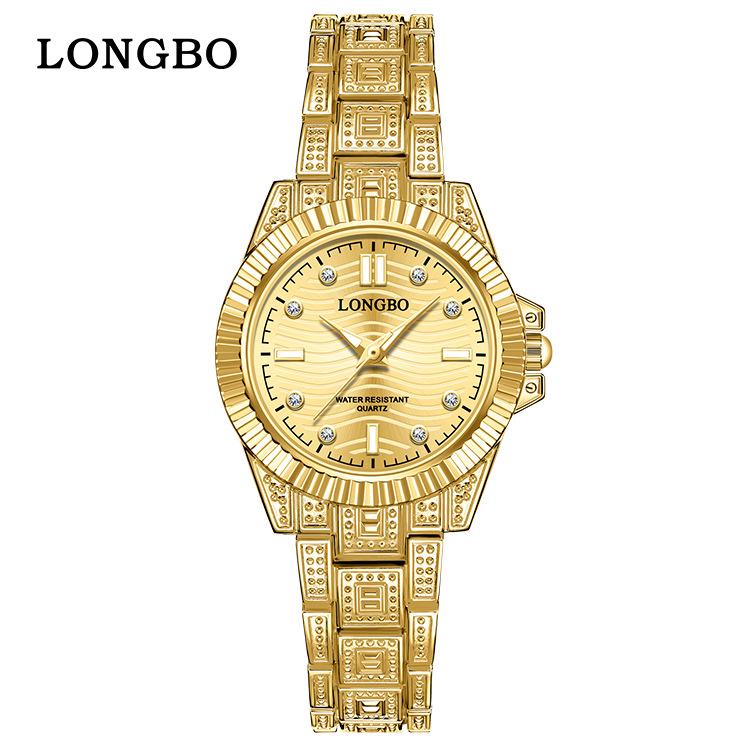 LONGBO 83611 Quartz Watches Waterproof Luminous Stainless Steel Calendar Full Diamond Gold Design Luxury Wristwatch for Couple