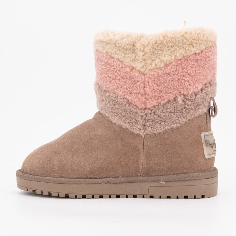 Taupe Leather Ankle Boots with Colorful Sheepskin Effect Child PEPE JEANS