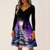 Women's Casual Fashion V Neck Long Sleeve Christmas Printed Party Vintage Long Dresses