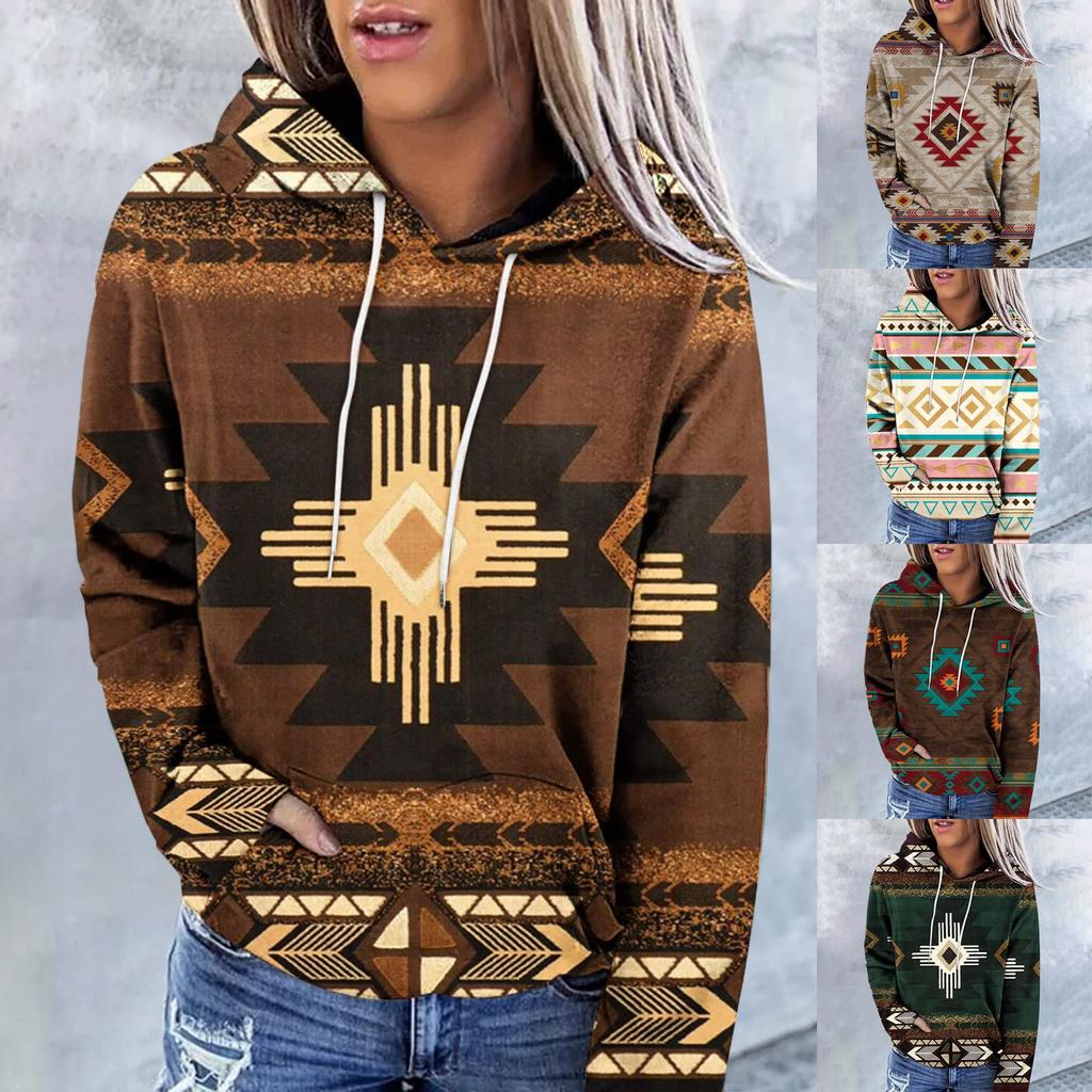 Dámská móda ležérní svetr v etnickém stylu s dlouhým rukávem a kapucí