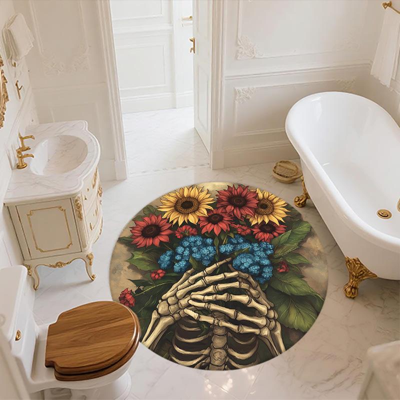 Sunflower and Skull,Round Area Rug,Carpet Rug for Living Room Bedroom Sofa Playroom Decor,Non-slip Floor Mat
