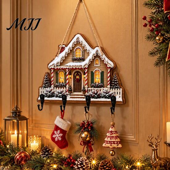 Key Hanger for Wall 2D Flat Christmas Wooden Rack, Hanging Holder with 4 Storage Entrance Hooks, Holiday Plaque Rope Home Decor