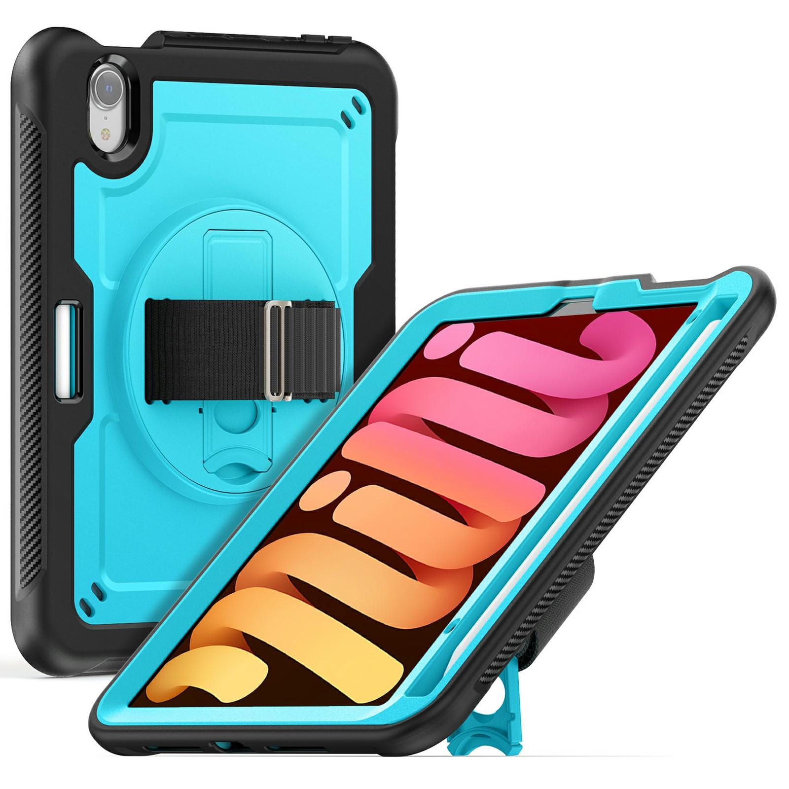 

For iPad mini (2024)/(2021) Case Hand Band Kickstand PC + TPU Tablet Cover with Shoulder Strap and Pencil Holder D
