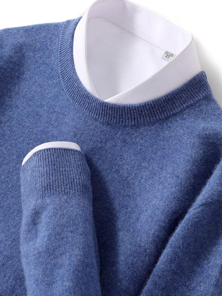 Men's 100% Pure Wool Cashmere Crew Neck Sweater for Autumn and Winter