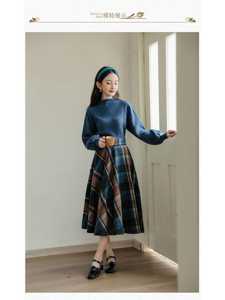 Autumn Blue Plaid Midi Skirt & Sweater Retro Set in Hong Kong Style