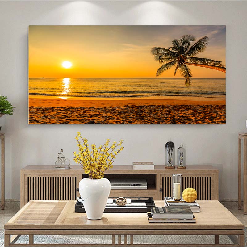 Sea Beach Landscape Canvas Paintings Sunset Gold Sea Pictures Tropical Palm Tree Wall Art Poster Scenery Home Decor Painting