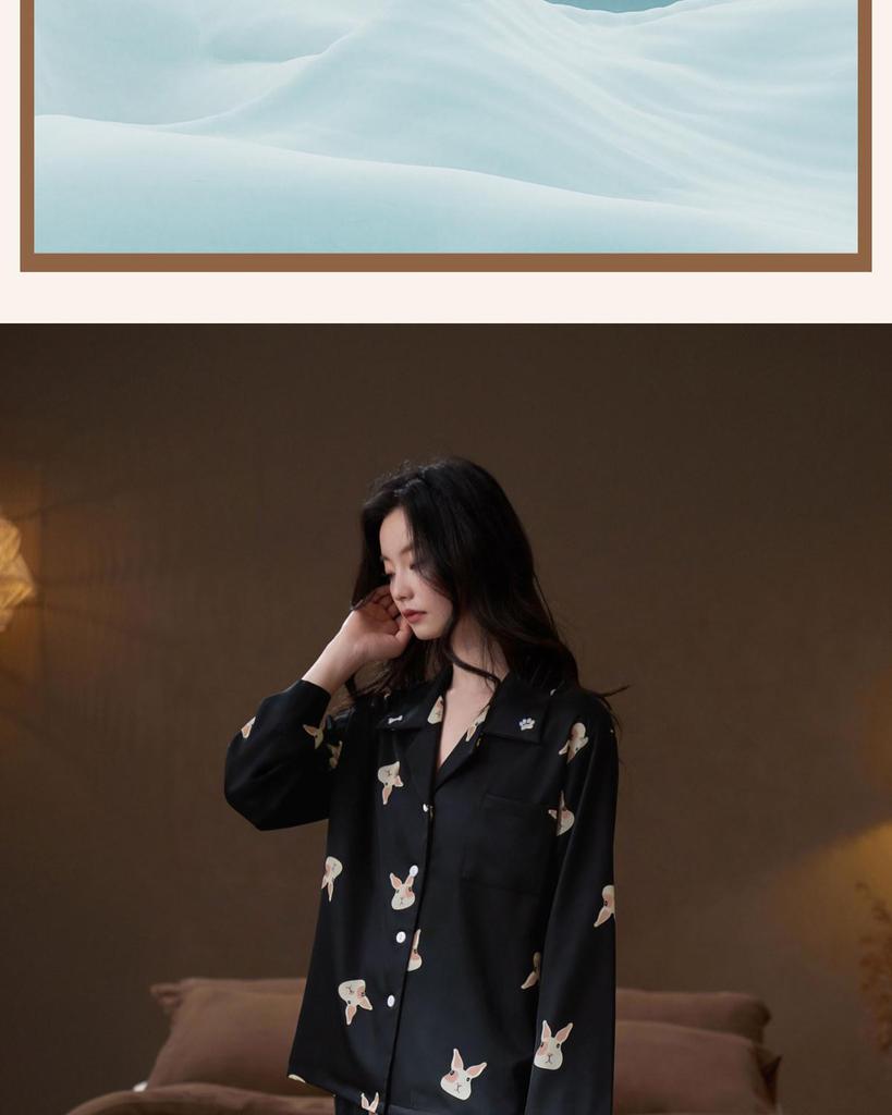 Women's Ice Silk Pajamas Set - Long Sleeve, Lightweight, Little Dog Print, High-End Feel for Spring and Autumn Home Wear.