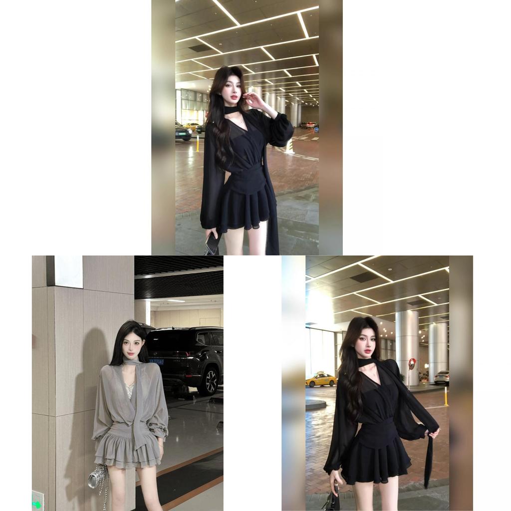 Elegant Polyester Long Sleeve Dress With Waist Cinch For Summer Party Wear