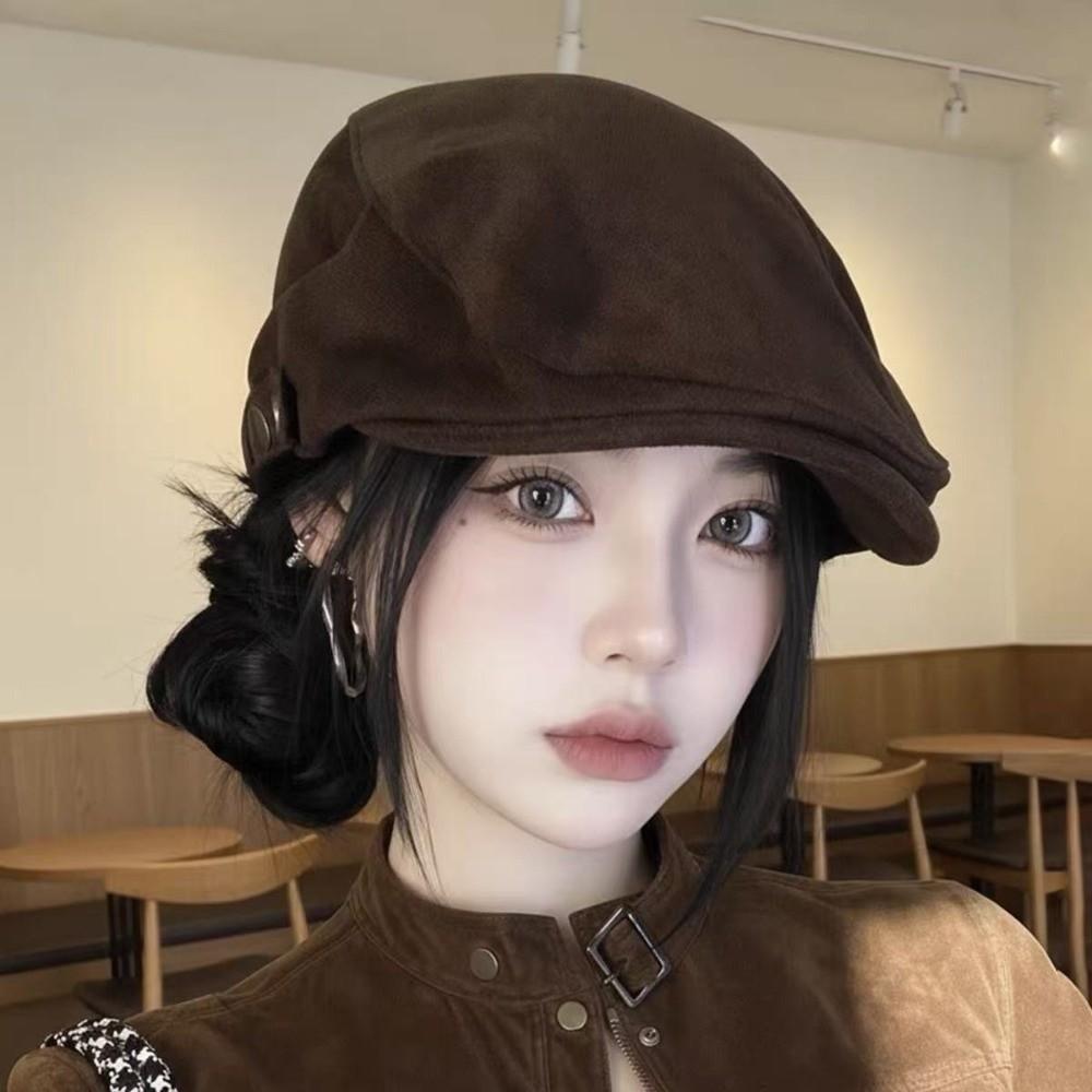 55cm to 59cm Vintage Beret Hat Suede Earflap Cap Artistic Hat Retro Newsboy Cap Outdoor Activities