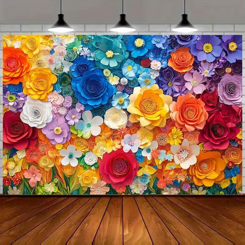 2D Rainbow Paper Flower Wall Backdrop Floral Photography Background