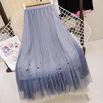 Women's Spring/Fall Elegant High-Waisted Skirt Tulle Skirt Fairy-Style Pleated Skirt Mid-Length A-Line Skirt