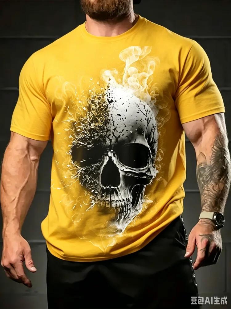 Street Style Koszulka z nadrukiem czaszki 3D Letnia Codzienna Spersonalizowana Hip Hop Okrągły dekolt Góra Męska Codzienna Moda Fitness Krótki rękaw Odzież męska